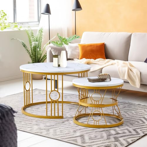 okwish Runden Couchtisch 2er Set, Hochglanz Wohnzimmertisch mit Stauraum, Coffee Table für Wohnzimmer, Balkon, Metallgestell, Weiß+Gold