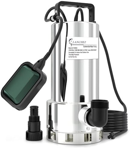 LANCHEZ 1100W Schmutzwassertauchpumpe, 20.000 l/h, Max Förderhöhe 8 m | Edelstahl, Max Eintauchtiefe 7 m, mit automatischem Schwimmerschalter, 10 m Netzkabel für Poolentleerung, Keller, Garten
