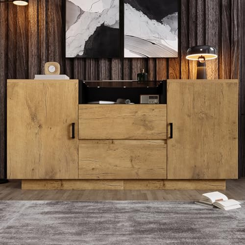 LARFOEK Sideboard Kommode mit 2 Schubladen und 2 Türen, 140 cm Breit Anrichte Beistellschrank mit Offenem Fach, Buffetschrank Aufbewahrungsschrank Küchenschrank für Wohnzimmer, 140x40x70cm (A)