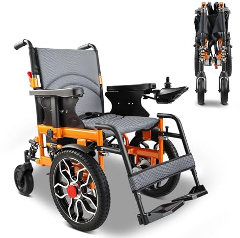 ZygenAir Rollstuhl Elektrisch Faltbar Leicht, Elektrorollstuhl bis 150kg | Elektrischer Rollstuhl 500W, 20km Reichweite 40cm All-Terrain Reifen, Elektro Rollstuhl Innen Außen Reisen Orange