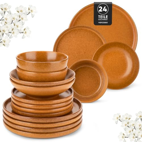 vancasso Zermatt 24 Pieces Dinner Set for 6, Reactive Glaze Stoneware Plates and Bowls Set, Yellow Crockery Set with Dinner Plates, Dessert Plates, Soup Bowls & Cereal Bowls