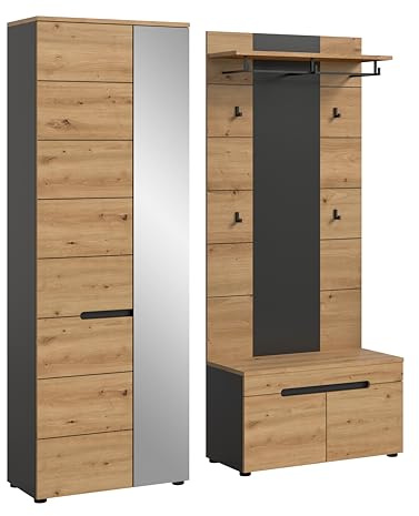 furnling Garderoben-Set Cano, Front in Artisan, 3-teilig aus Garderobenschrank, Garderobenpaneel, Sitzbank, Höhe 190 cm, Korpus Basalt grau