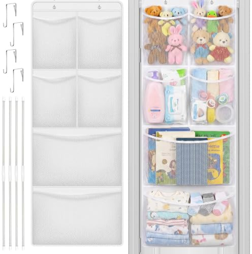 Over Door Storage Organiser for Stuffed Animal Storage - Heavy Duty 600D Oxford Hanging Toy Organiser with 6 Large Mesh Pockets & Support Rods for Nursery, Bedroom, Bathroom, Space Saving (White)