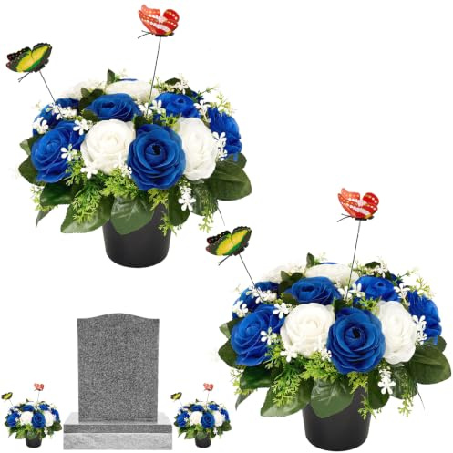 Artificial Grave Flowers in Pots with 4 Butterfly Stakes, Blue & White | Silk Cemetery Flowers, Weatherproof Graveside Flower Arrangements with Fillable Weighted Vase for Outdoor Remembrance