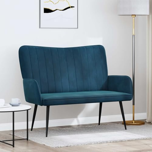 Kaloriko 2-Sitzer Sofa Blau Samt mit stabilem Metall- und Holzrahmen 115 x 61 x 87 cm, gemütliche Polstergarnitur für Wohnzimmer, Büro und Gästezimmer mit Breiten Armlehnen und modernen kegelförmigen