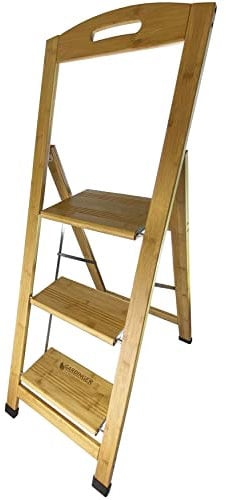 GARDINGER Haushaltsleiter Bambus 3 Stufen Massivholz (Holzleiter Trittleiter Sicherheitsleiter Klapptritt)