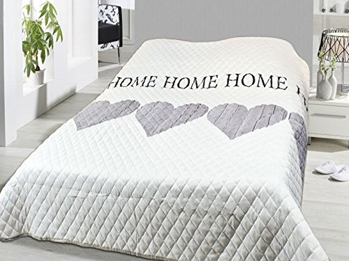 Fashion&Joy XL Bettüberwurf Herzen Tagesdecke gesteppt 220x240 Steppdecke Home weiß grau Überwurf ÖKOTEX Decke Cottage Country Shabby Chic Typ456