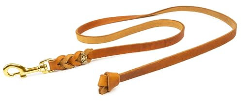 CopcoPet Hundeleine geflochten ohne Handschlaufe, Führleine ist aus robustem Fettleder mit Karabiner aus Messing, perfekt für große, mittlere und kleine Hunde, 2 m x 8 mm in Cognac