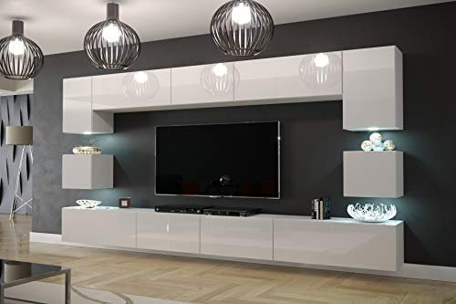 Furnitech Wohnwand Wohnzimmer Möbel (Weiß) mit LED Weiß - Hängend Wohnzimmerwand Modern - Schrankwand mit Regale und TV Schrank (Nowara AN1-17W-HG21 1C)