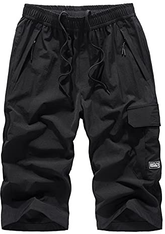 MakingDa 3/4 lange Herren-Shorts, unterhalb des Knies, Cargohose, 3/4 lange Shorts mit Reißverschlusstasche, kurze Hose, Schwarz , XL