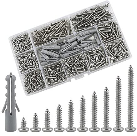 Viti autofilettanti a testa cilindrica M3,630 viti per legno Phillips a testa tonda, kit di tappi a muro di espansione,kit in acciaio inossidabile (6/8/10/12/14/16/18/20/25/30mm)(argento)