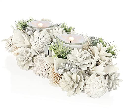 COM-FOUR® Teelichthalter - dekorativer Kerzenständer für Weihnachten und Herbst - Kerzenhalter mit natürlichen Materialien - Handarbeit (Adventsgesteck - 2 Kerzen)