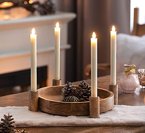 Dekoleidenschaft Tablett Kerzenhalter aus Mango-Holz für 4 Kerzen, Kerzentablett, Dekotablett, DIY Adventskranz zum selber gestalten, Weihnachtskranz, Tischdeko, rundes Serviertablett