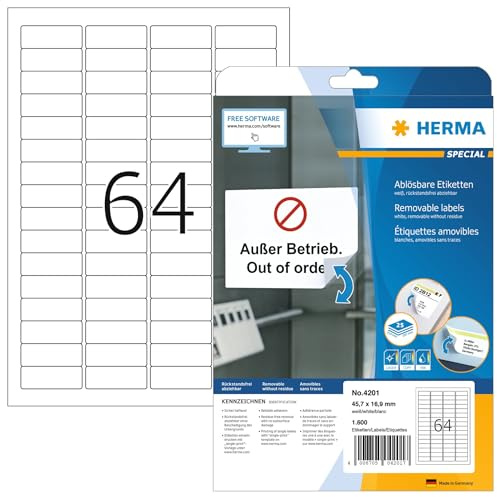 HERMA 4201 Sichtreiteretiketten ablösbar, 800 Blatt, 45,7 x 16,9 mm, 64 pro A4 Bogen, 51200 Stück, selbstklebend, bedruckbar, matt, blanko Sichtreiter Etiketten aus Papier, weiß