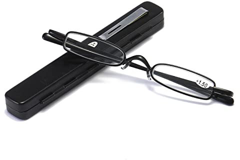 MMOWW Mini Metall Lesebrillen Damen Herren Federscharnier Klassische Klein Schmal Leicht Lesehilfe Sehhilfe Brillen mit Etui (Schwarz,+1,5)