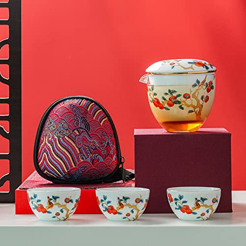 Mozeo Set da tè portatile in ceramica, set di teiera cinese in porcellana kungfu, teiera tutto in uno, colino da tè, 3 tazze da tè, 1 sacchetto portaoggetti, adatto per esterni, viaggi, picnic, lavoro