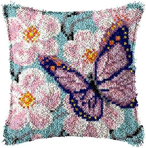XUJINGJIE Knüpfkissen Schmetterling Knüpfteppich Zum Selber Knüpfen DIY Kissenbezug Teppich Stickerei Kreuzstich Set Mit Vorgedruckt Muster, 43X43cm