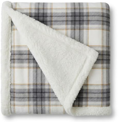 Eddie Bauer - Throw Blanket, Brushed Fleece & Plush Sherpa Soft Bedding, Throw Blanket for Couch & Bed (Edgewood Plaid Grey, 50 x 60)