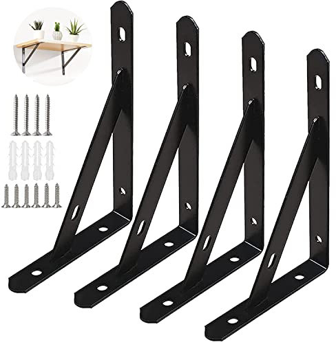 4 Stück Regalwinkel Schwarz Metall 250mm x 155mm Winkel Schwarz Regalträger mit Schrauben, 90 Grad Wandregal Winkel für Wandmontage, Bücherregale, Gärten, Küche(Tragkraft : 30KG)