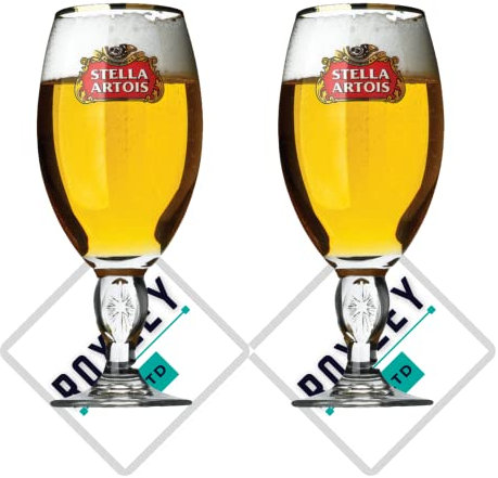 Roxley 2 x Stella Artois Nucleated Gold Rimmed Pint Glasses + 2 Stella Beer mats |Lager Beer Glass 56Cl Size Glass Man Cave | Made in UK