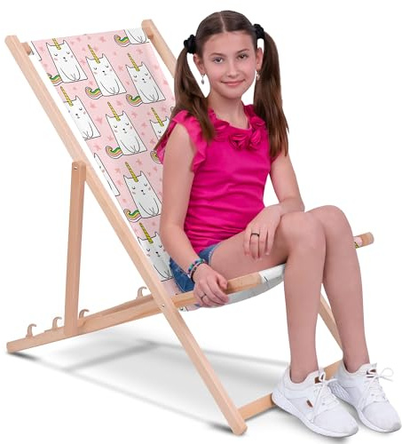 DreamRoots Kinder Liegestuhl Holz Gr. M, Unicorn Cat | Klappbarer Campingstuhl faltbar, für Garten & Strand, bis 130 kg, waschbarer Bezug, 100% Polyester, UV-beständig, Kinderliege