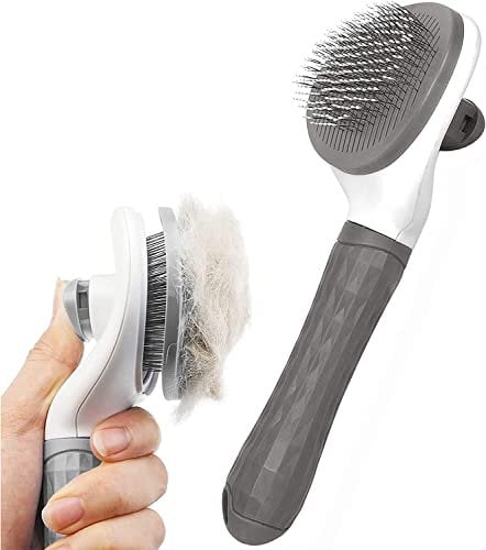 DOG Grooming Brush, Self Cleaning Slicker Brushes with Smooth handle,Pet Grooming Tool with Cleaning Button for Cat Dog Shedding Tools Massage Clean Tangled Brush (Gray)