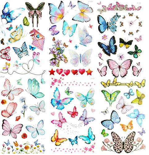ACWOO Glitzer Tattoo Set Kinder Tattoo Kinder Mädchen, 80+ Temporäre Tattoos zum Aufkleben Kindertattoos Tatoos, Schmetterling Tattoo Kinder als Mitgebsel Kindergeburtstag, Kleine Geschenke für Kinder