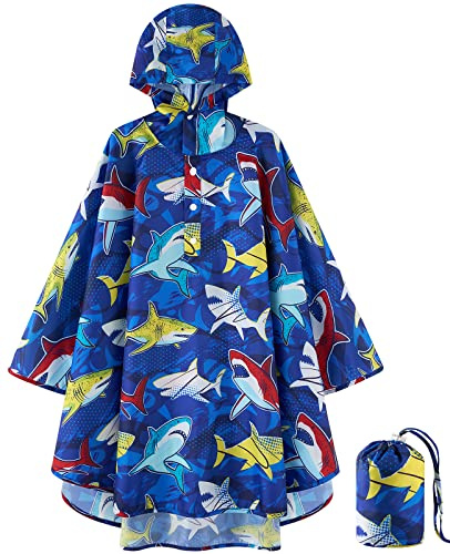 Lightweight Kids Raincoat Boys Rain Poncho Reusable Hooded Rain Jacket for Toddlers Waterproof Boys Rain Jacket Baby Boys Outwear Cartoon Rain Poncho with Shark Pattern