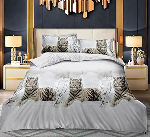 4 Piece Complete Bedding Set 3D Design Floral, Animal Printed Duvet Cover with Fitted Sheet Pillowcases (348 Tiger, King)