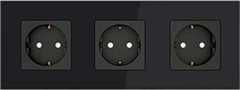 PULSAR Unterputz Steckdose Schwarz 3-Fach Glas, Schuko Wandsteckdose 16A EU-Standard mit Kindersicherung und Rahmen aus Kristallglas 228x86mm