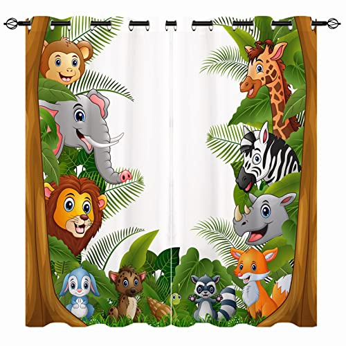 YUANZU Kinder Vorhänge Dschungel Wald Tiere Zoo Ösen Gardinen mit Blickdichte Thermo Vorhang Kälteschutz Blackout Curtain Kinderzimmer Schlafzimmer Verdunkelung Fenster, 2 Stück, H 260 x B 140 cm