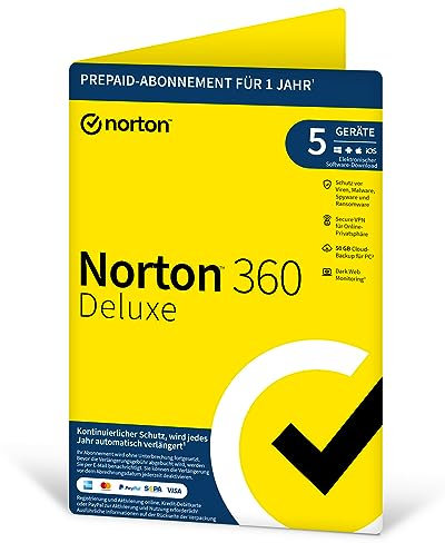 Norton 360 Deluxe 5 Geräte / 1 Jahr - Inklusive Antiviren Software, Secure VPN, Password Manager - 50 GB Cloud-Backup für PC - für Windows, Mac, Android, iOS - PKC - Aktivierungscode per Post
