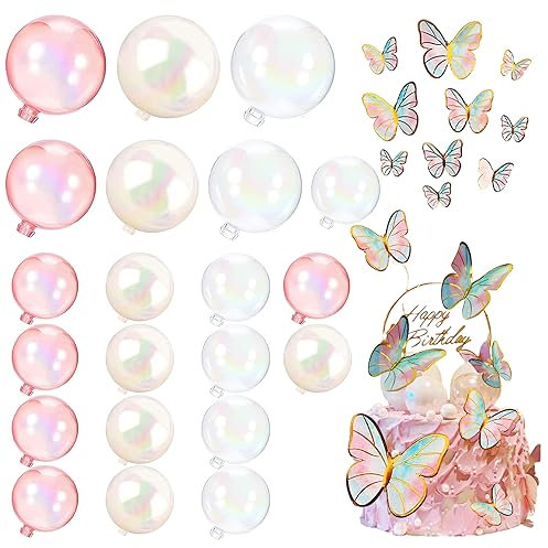 ZIOYA Tortendeko Kugeln 24 Stk Tortendeko Geburtstag Kugeln Cupcake Topper Bunte Transparent Ball + 10 Stk Schmetterlings Kuchendekorationen + 1 Stk Runde Geburtstagskarte für Die DIY Kuchendekoration