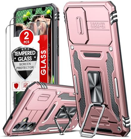 LeYi Kameraschutz Hülle für Samsung Galaxy A34 5G Ständer Handyhülle [2 Glasfolie Schutzfolie], Militär Standard Handy Hüllen Metall Ring Schutzhülle Kamera Schutz Schiebeabdeckung A 34 Cover Rose