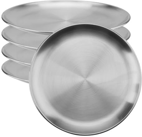 ZOENHOU 5 platos llanos de acero inoxidable de 26 cm, platos redondos para servir, platos de metal plateado resistentes a la corrosión para camping, barbacoa, picnics y uso al aire libre