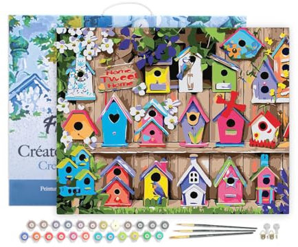 Figured'Art Peinture par Numéro Adulte avec Cadre Cabanes à oiseaux - Activité Manuelle Kit de Loisir Créatif DIY Numéro d'Art Complet - 40x50cm toile tendue sur châssis