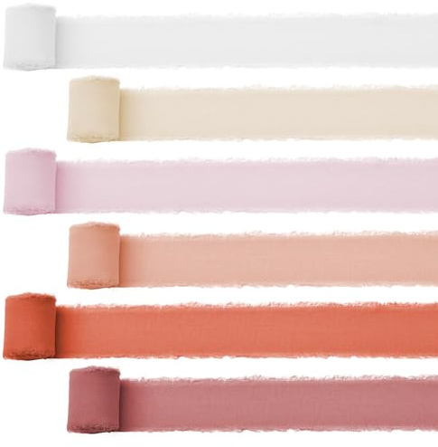 URROMA Lot de 6 Rouleaux de Ruban en Mousseline de Soie de Couleur mélangée avec Franges effilochées pour Invitations de Mariage, Bouquets de mariée, Emballage Cadeau