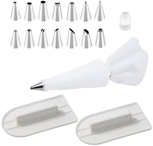 18 Pcs Cake Smoothers with Icing Piping Nozzles Set, Fondant Icing Smoothing Tools, 2 Flat Edge Cake Smoother Polisher & 14 Icing Nozzles with Piping Bag and Coupler, Baking Tools for Home Kitchen