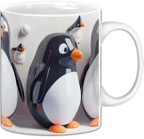 Trendation - 3D Tasse Pinguine Geschenkidee Mädchen Jungs Lustiger Pinguin 3D Motiv (Weiß)