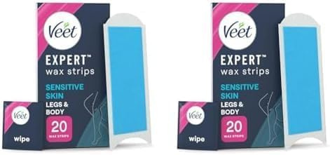 Veet Expert Legs & Body Cold Wax Strips, Sensitive Skin, 40 Strips, 4 Wipes | Hair Removal Wax Strips, 28 days of smoothness, Removes shortest hair from root, Soothing with Almond oil, Moisturising Wipes
