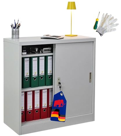 PROREGAL Aktenschrank Elephant mit abschließbaren Schiebetüren | HxBxT 90x90x40cm | 2 Fachböden | Lichtgrau | Metallschrank abschließbar Lagerschrank Ordnerschrank