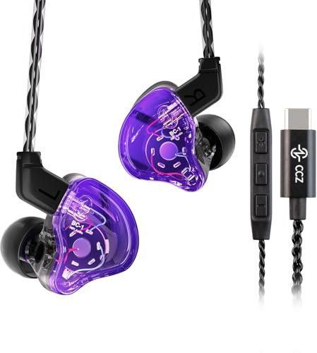 CCZ Melody USB C Earbuds, 1DD 1BA Drivers, Comfortable Ear Fins, Type C Headphones for iPad, Samsung Galaxy s23-s20 (Purple, USBC with Mic)