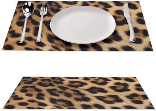 Placemats 6 PCS Rough Leopard Print PVC Place Mats for Dining Table Heat Resistant Non-Slip Placemat Woven Table Mats Washable Woven Place Mats for Kitchen 12× 18 Inch