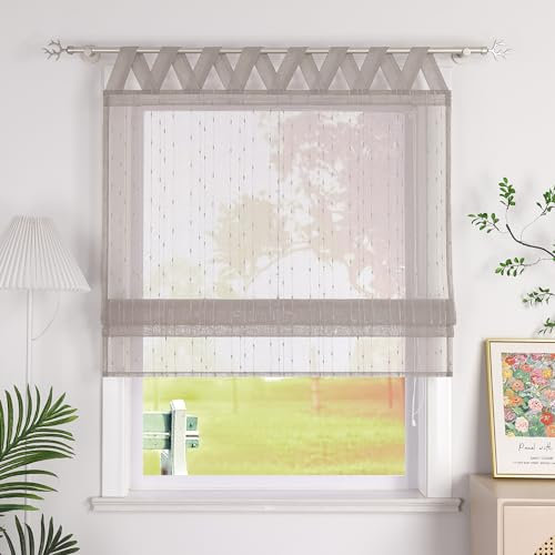 SCHOAL Raffrollo mit V-Schlaufen Raffgardinen mit Wassertropfen Halbtransparent Schlaufenrollo Landhaus Gardine Leinen Vorhänge 1 Stück BxH 80x140cm Grau