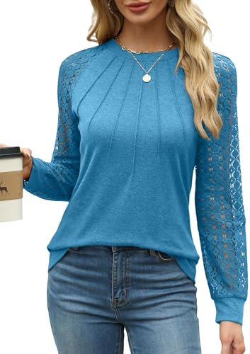 Aokosor Long Sleeve Tops Women Tops Plain Crew Neck Pleated Shirt Loose Casual Blouse for Women Tunic Shirt Ladies Jumpers Size 14-16 Sky Blue
