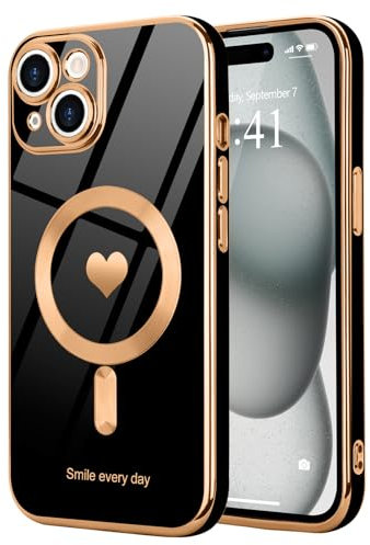 LLZ.COQUE for iPhone 15 Plus Magnetic Case, Compatible with Magsafe, Cute Heart Pattern Phone Case with Luxury Gold Plated Bumper, Raised Full Camera Protection Soft Cover for Girl Women, Black
