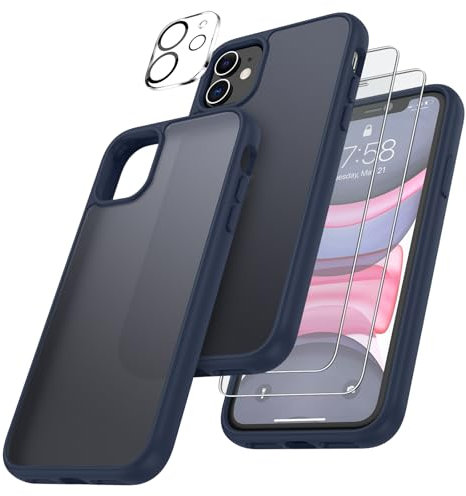 FLLAO 4 en 1 Funda para iPhone 11 con 2 Protector Pantalla y 1 Protector Lente Cámara, [Almohadilla de Aire integrada] Antigolpes Antiarañazos Carcasa 6,1 Pulgadas, Azul Oscuro