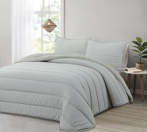 Liniva Home Comforter De Microfibra con Reverso de Borreguito. Edredón 100% Microfibra Tacto Extra Suave - Modelo Eliana - Incluye Funda de Cojín. (Gris, Cama 180 cm)