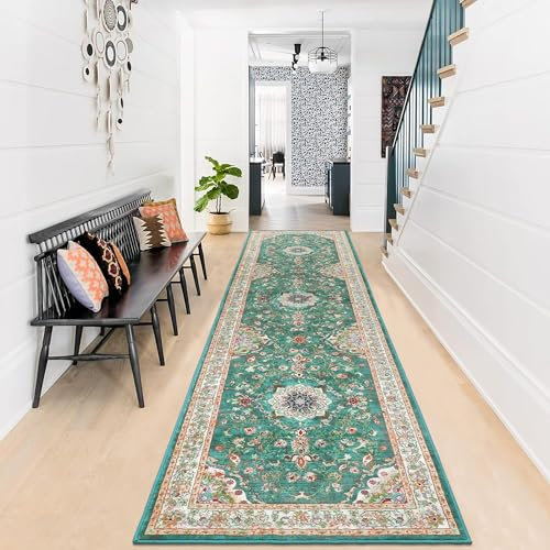Enyhom Teppich Läufer Flur 80 x 300 cm, rutschfest Washchbar Küchenteppich Modern Weich Kurzflor Blumenteppich Hochwertig Luxuriös Boho Läufer für Flur Wohnzimmer Korridor Schlafzimmer, Grün
