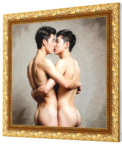 GALERIE SCHÖNE KÜNSTE - TRUE GAY LOVE #1 - Wandbild Akt in Öl: Romantische Männerliebe - Kunstdruck mit Goldrahmen auf Canvas Leinwand, gepannt auf Keilrahmen - Fertig zum Aufhängen (70x70 cm)